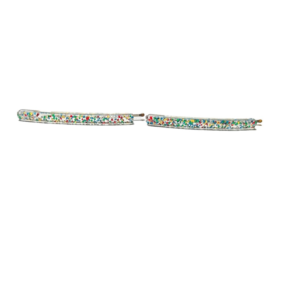 Vintage Rainbow Glitter Lucite Hair Clips Pair 1970s Confetti Slide Bobby Pins